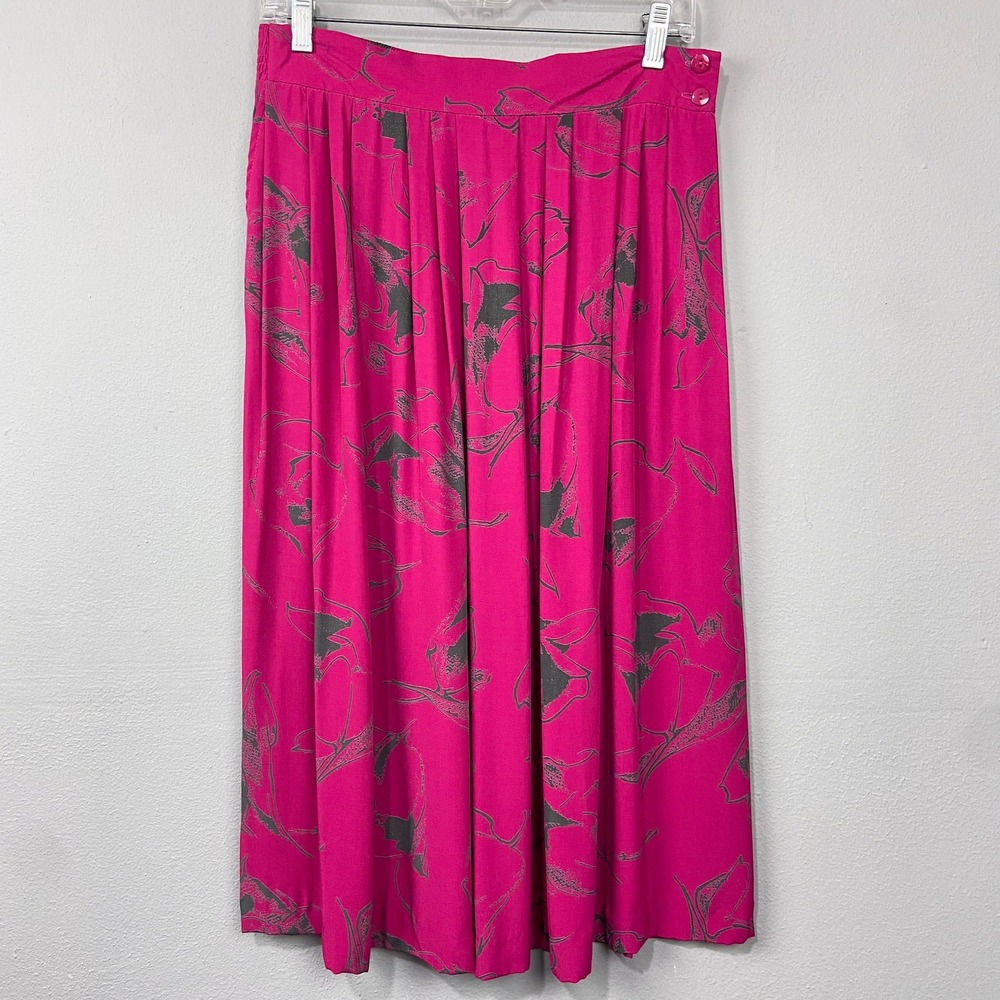 Vintage Walnut Square Pink Floral Print Pleated Midi Skirt Sz 14 Maximalist Twee